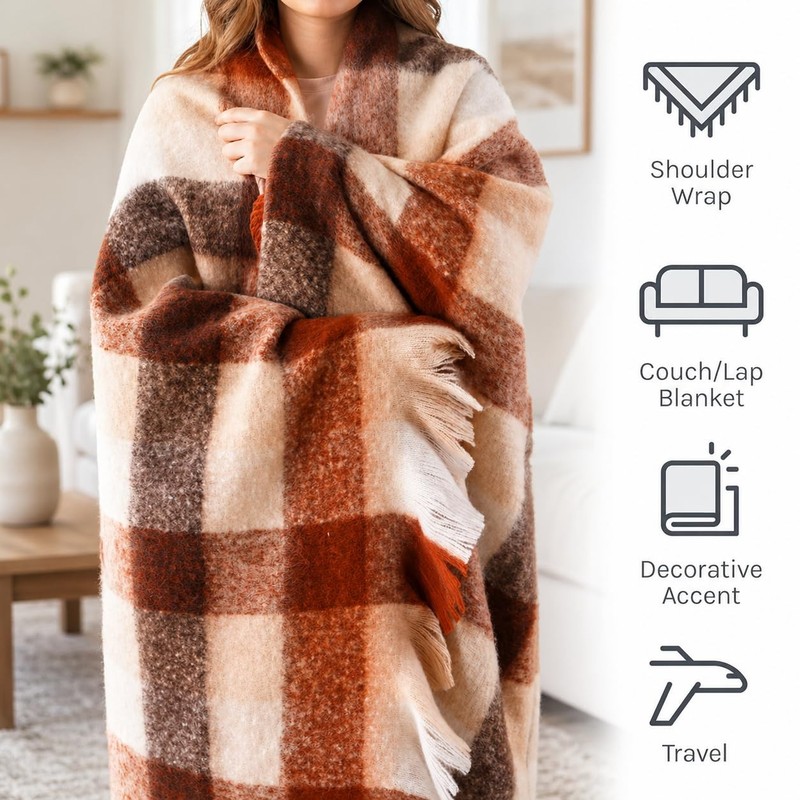 Rust Plaid Throw Blanket for Couch Bed, Soft Mohair Tartan Plaid Blanket, Far... gallery