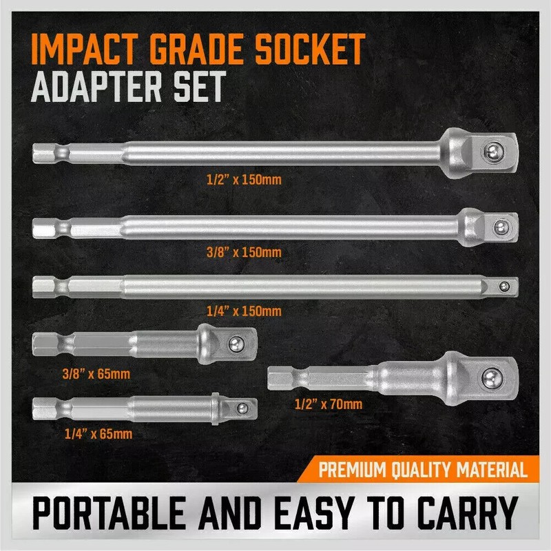 6 pc 6" & 3" Impact Grade Socket Adapter Set 1/4" 3/8" 1/2" Drive 1/4" Hex Shank gallery