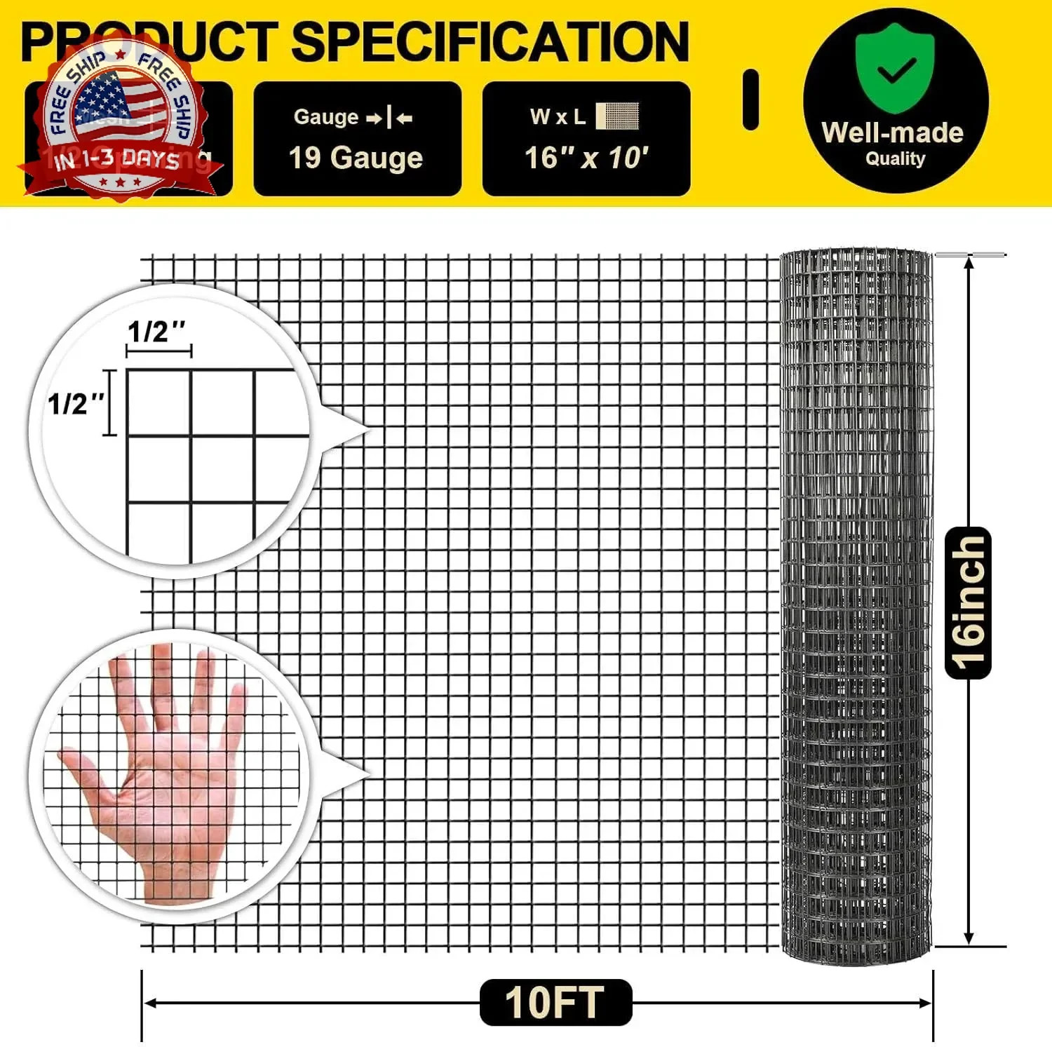 Black Hardware Cloth 16'' x 10' PVC Steel Vinyl Coated 1/2 inch Galvanized Wire gallery