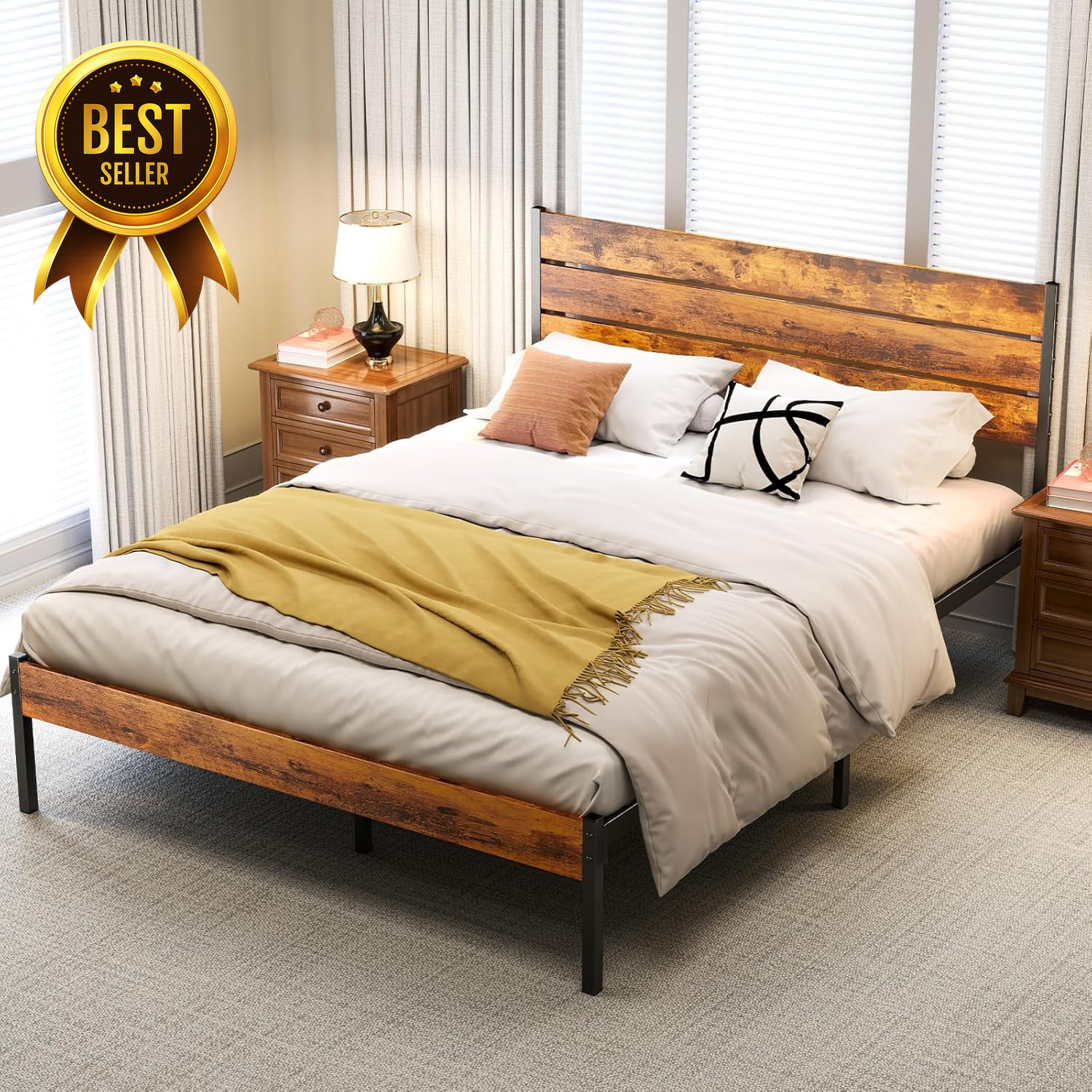 Full Size Bed Frame with Headboard 800LB Metal Support Rust Brown gallery