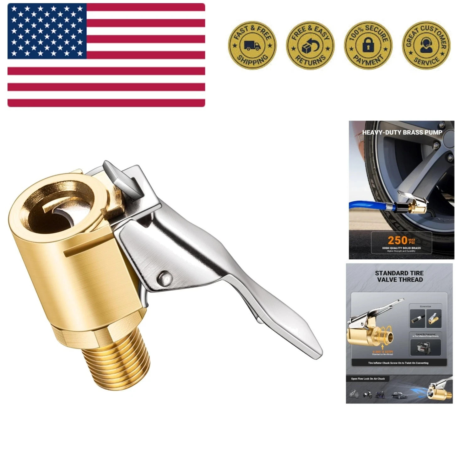 Brass Locking Tire Air Chuck, Tire Inflator Hose Adapter for Twist On Connect... gallery