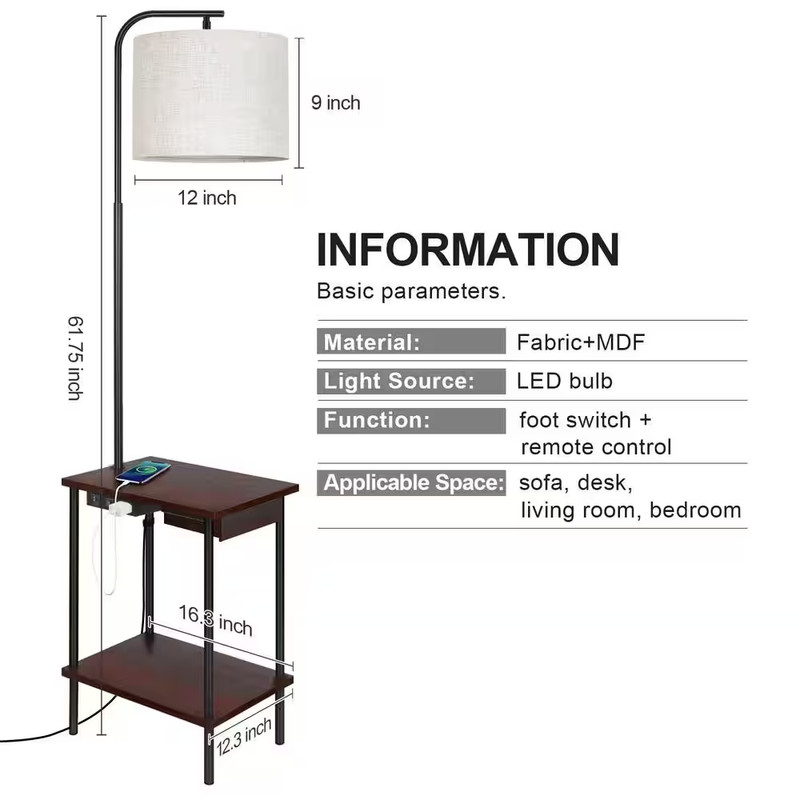 62 In. Walnut Dimmable Tray Table Standard Floor Lamp with USB Charging Port plu gallery