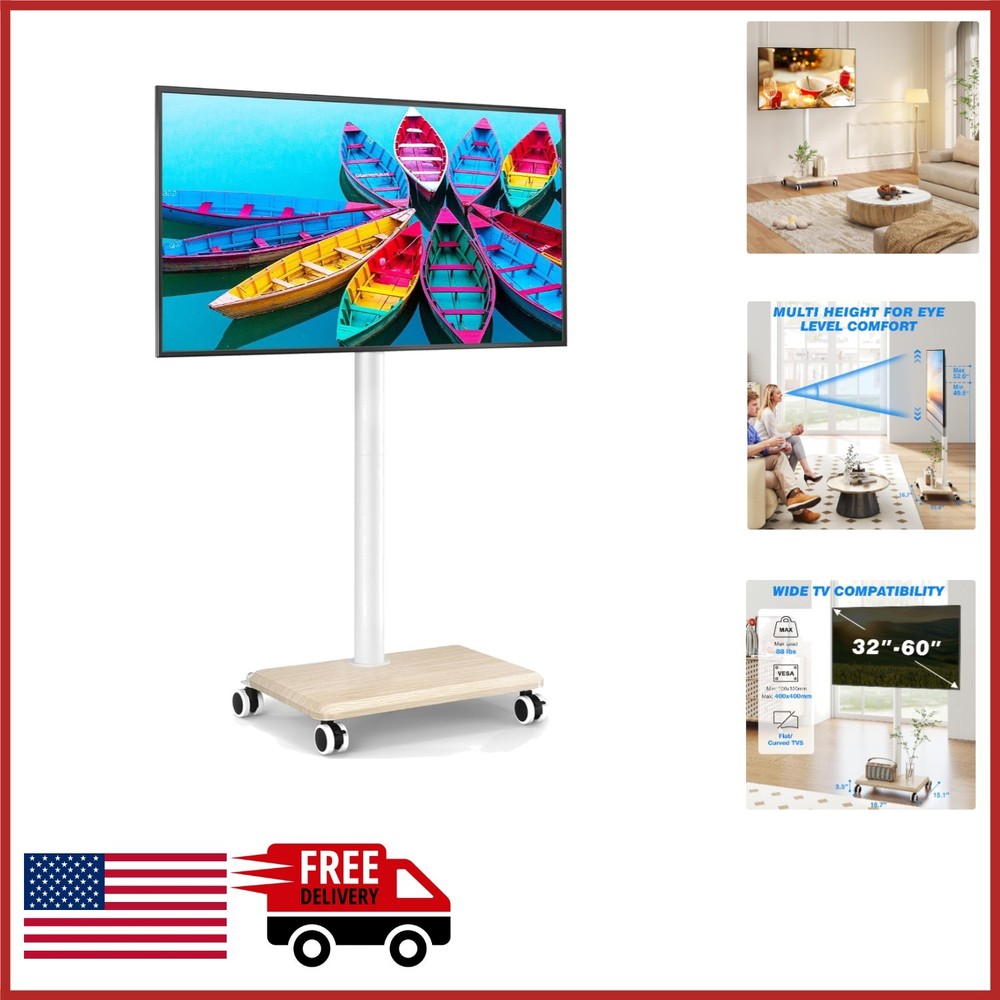 Compact Height Adjustable TV Stand for 32-60 Inch TVs White Rolling Cart