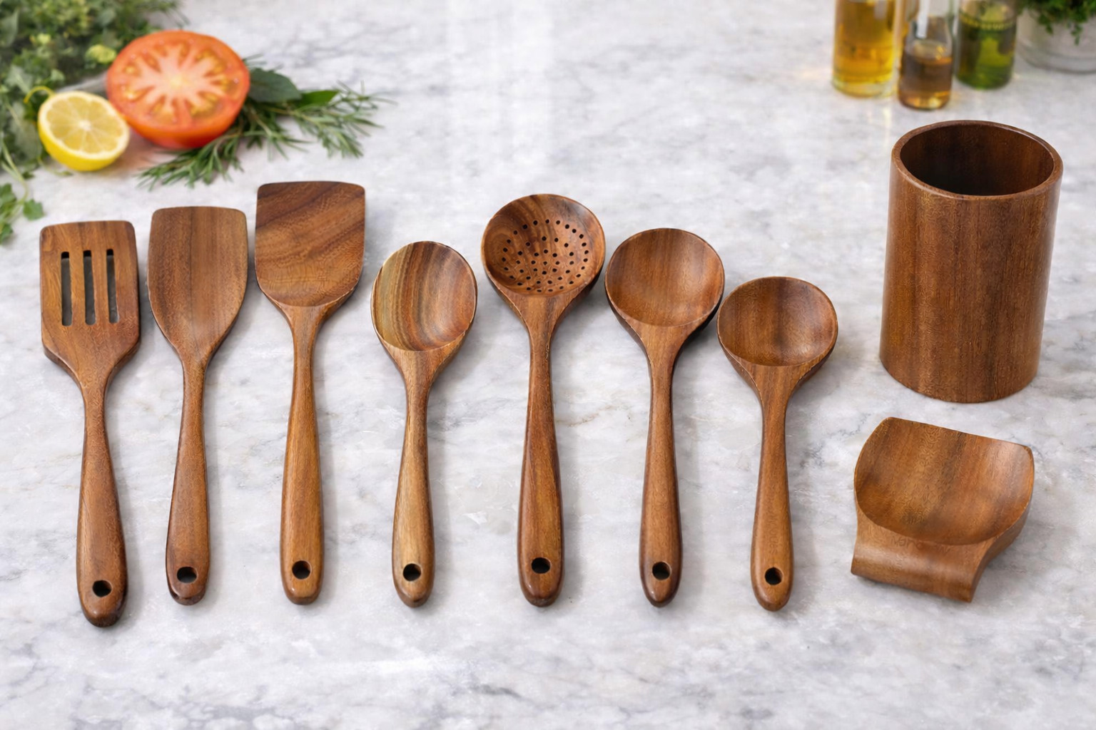 9PCS Teak Wood Kitchen Utensils Set Wooden Cooking Tools w/ Holder gallery