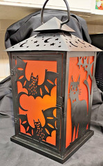 Happy Halloween Black & Orange Lantern Cat Cut Out Bats Cut Out Hanging Lantern