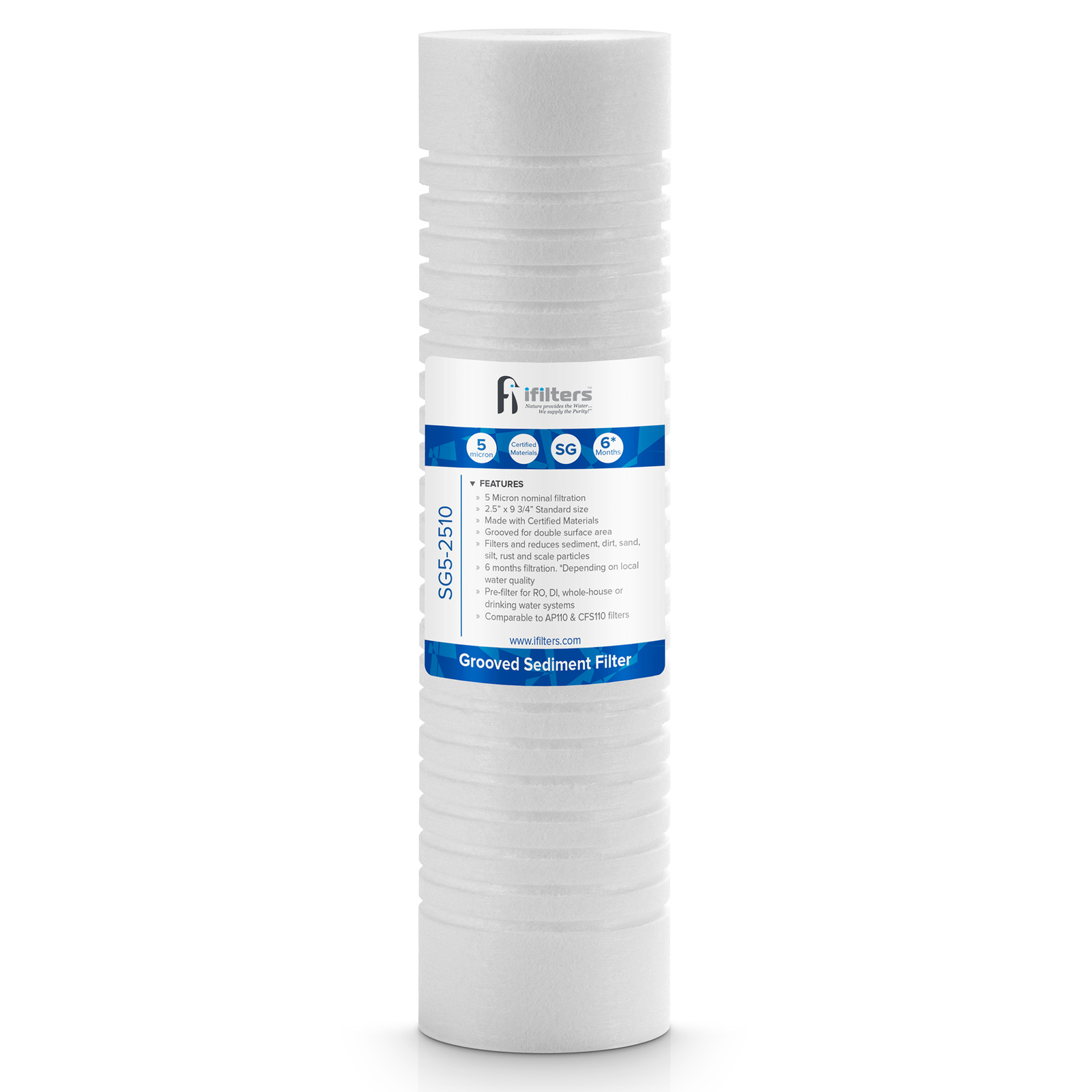 iFilters Sediment Grooved Water Filter Cartridge - 2.5" x 10" - 5 Micron - gallery