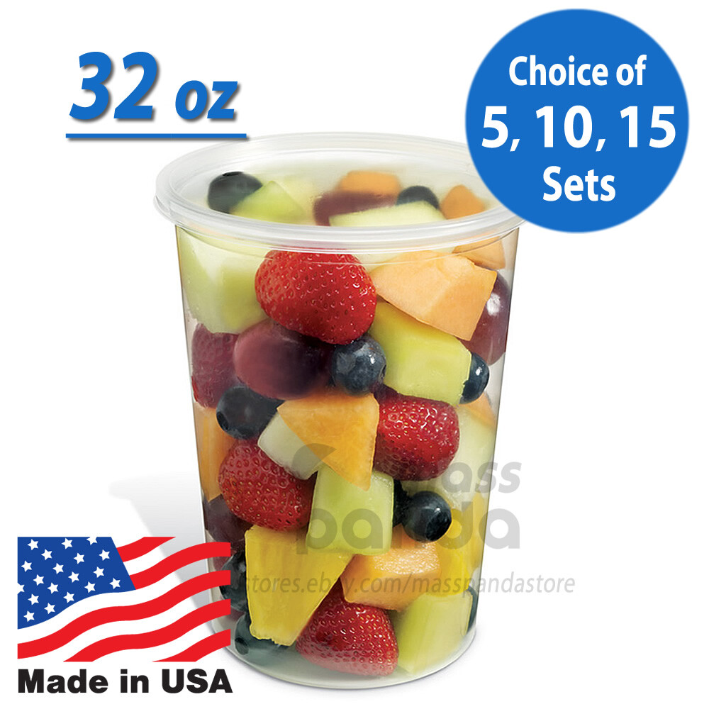 32oz Round Clear Plastic Deli Food/Soup Restaurant Storage Container Cup w/ Lids gallery