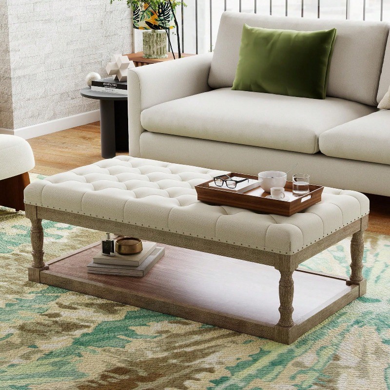 48" Large Ottoman with Storage Coffee Table Upholstered Tufted Linen Bench gallery