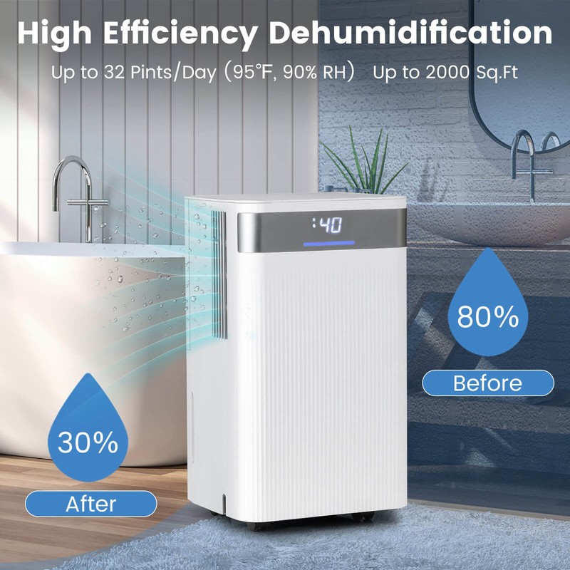 32 Pints Dehumidifier 2000 Sq.Ft Portable Dehumidifier w/ 3-Color Indicator gallery