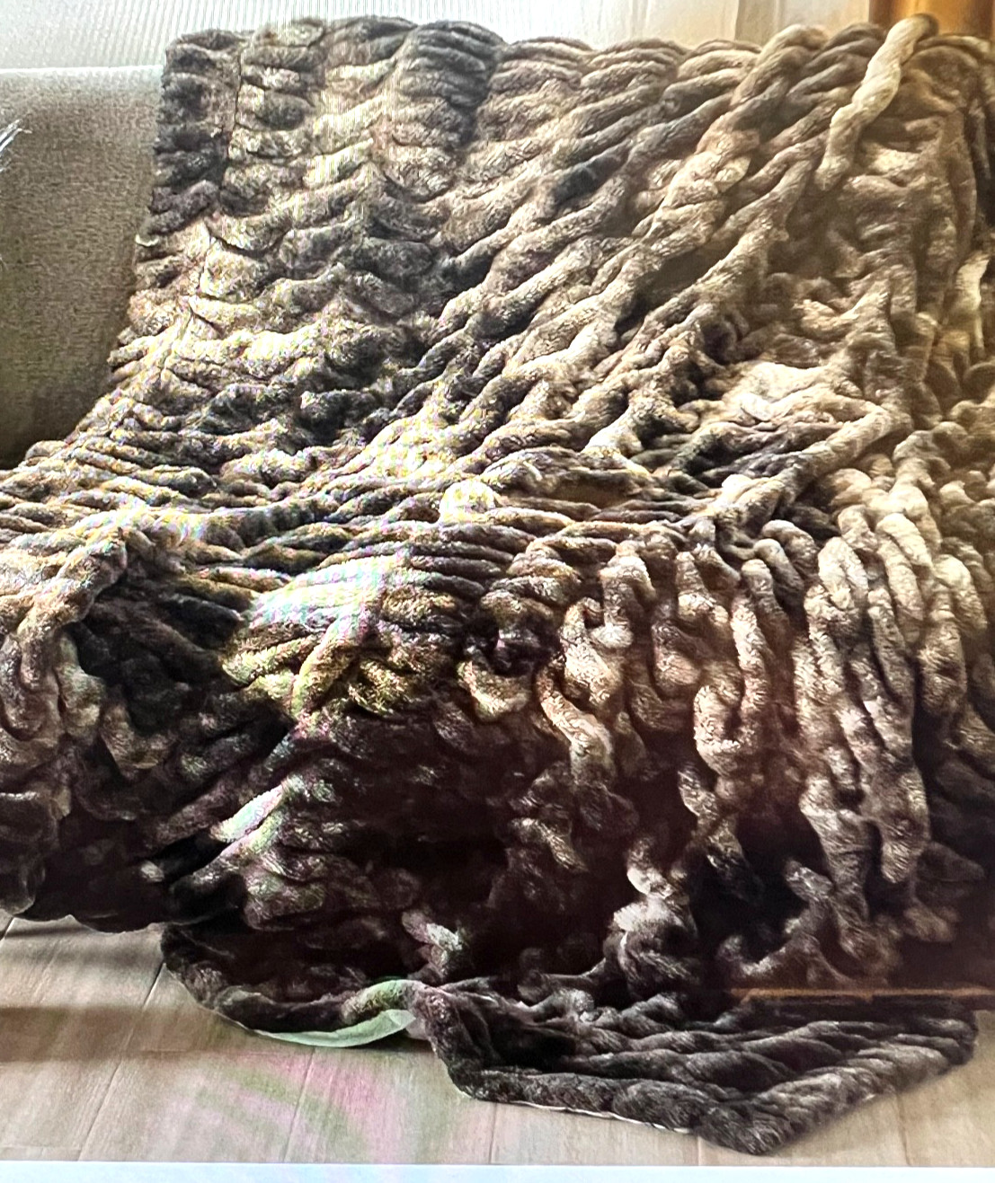 Throw-Fluffy Ruched Faux Fur Throw Reversible 50x60",Tie Dye Brown,New In Box gallery