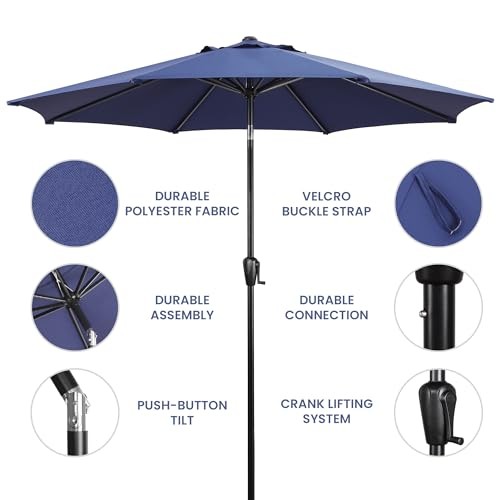 9' Round Patio Umbrella with Push-Button Tilt and Hand Crank Lift System, Navy gallery