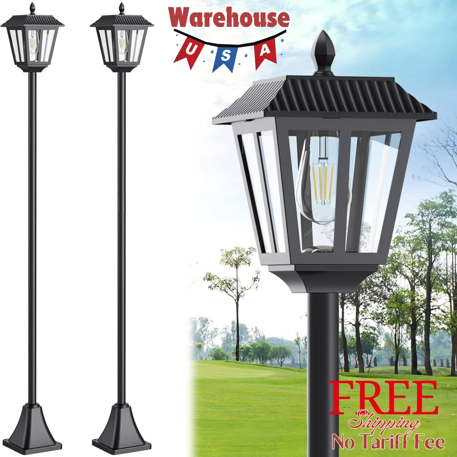 68" Solar Lamp Post Light Outdoor - 3000K Warm White, IP45 Waterproof (2PK) gallery