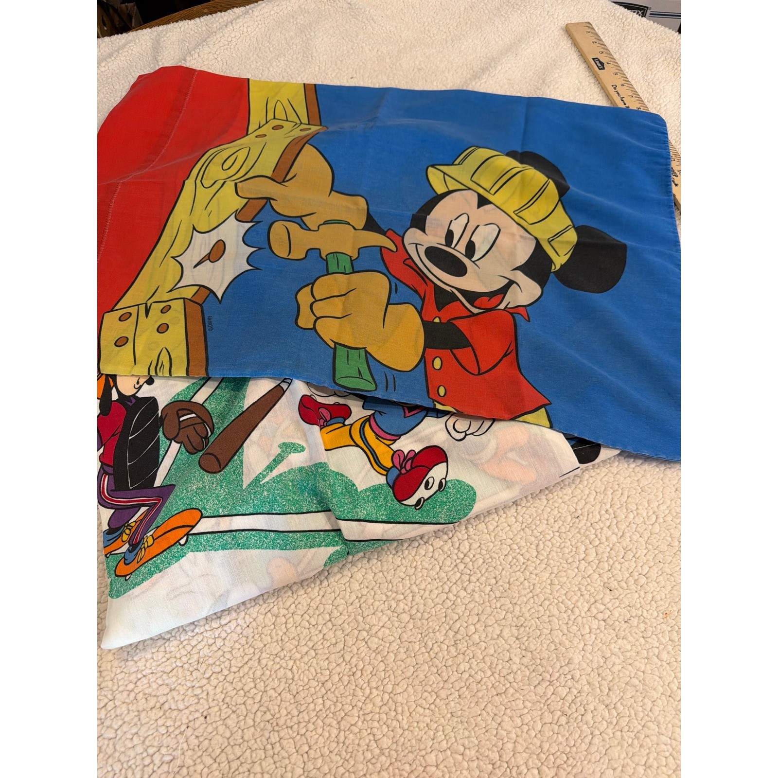 Vintage Disney Mickey Mouse Sports Construction Twin Flat Sheet Pillowcase Set gallery