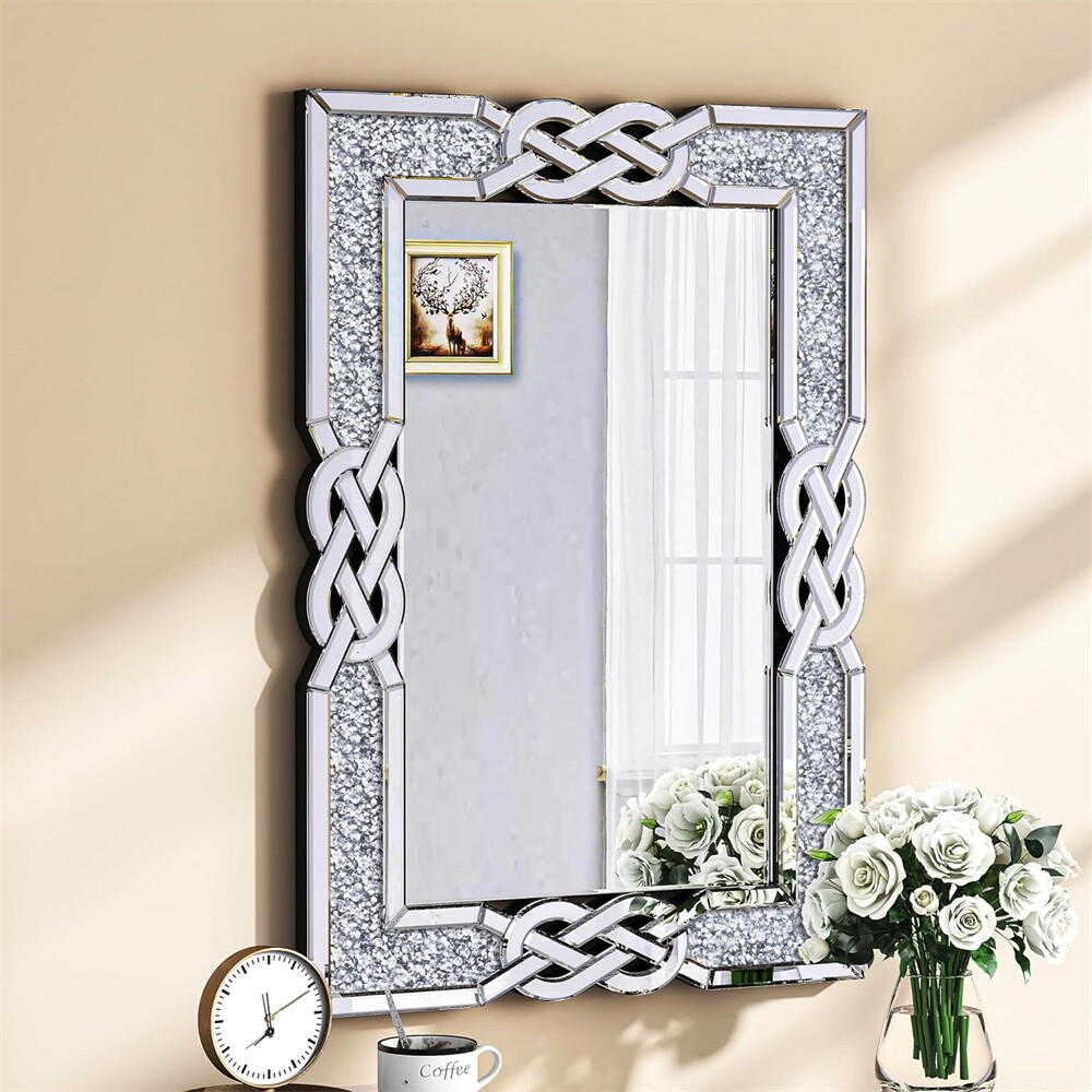 Large Crystal Crush Diamond Mirror Rectangular Silver Mirrors for Wall Decor US gallery