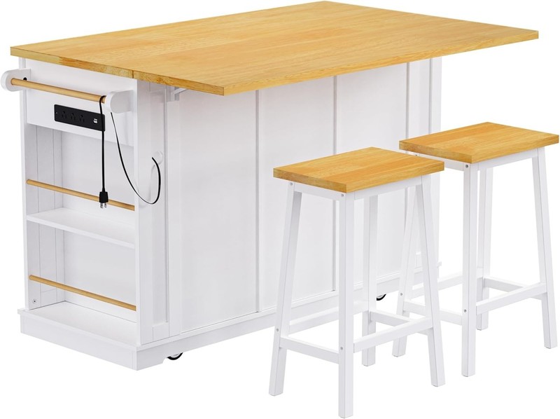 Rectangle Kitchen Island Table 53 in. Kitchen Island on Wheels in White Finish gallery