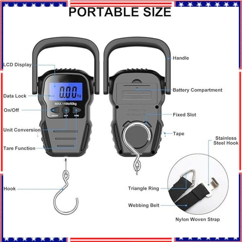 Fish Scale with Backlit LCD Display, Up to 110lb/50kg Digital Portable Hanging F gallery