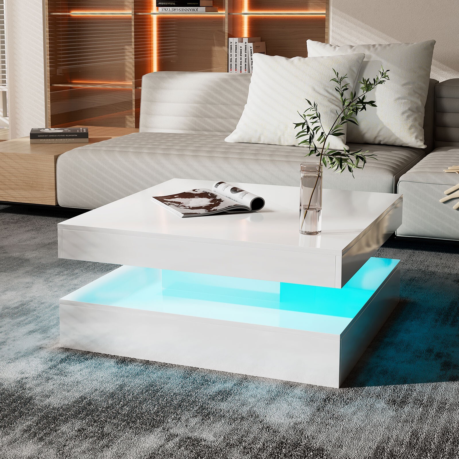 Square Coffee Table with LED Lights High Gloss Center Cocktail Table 2-Tier Whit gallery