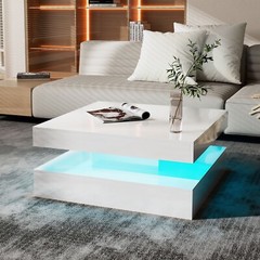 Square Coffee Table with LED Lights High Gloss Center Cocktail Table 2-Tier Whit