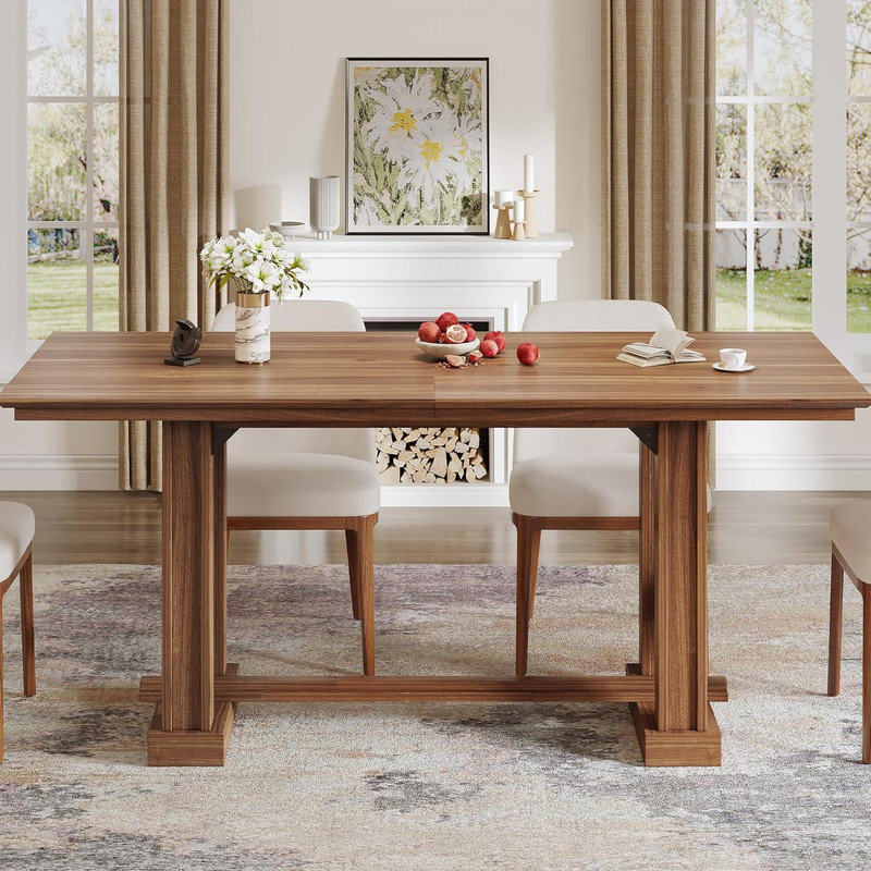 Rustic 70" Farmhouse Dining Table for 6-8, Dark Walnut Finish, Sturdy Design gallery