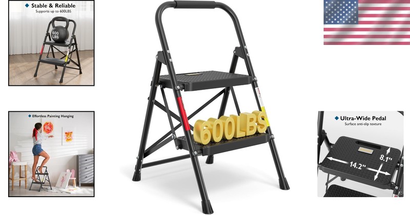 Portable 2-Step Ladder with Handrail, 600lbs Max Load, Black gallery