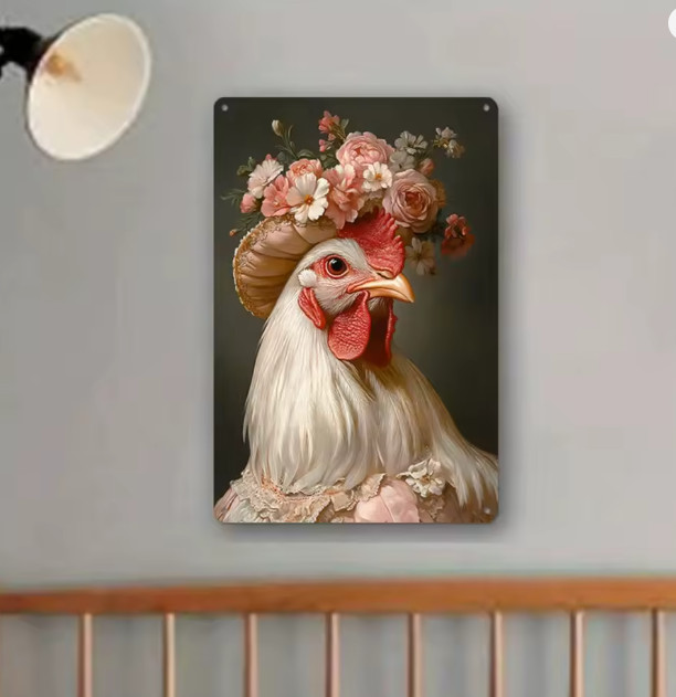 Wall Decor Victorian Rustic Glamorous Hen Chicken Flowers Hat Metal Sign 8x12