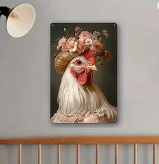 Wall Decor Victorian Rustic Glamorous Hen Chicken Flowers Hat Metal Sign 8×12