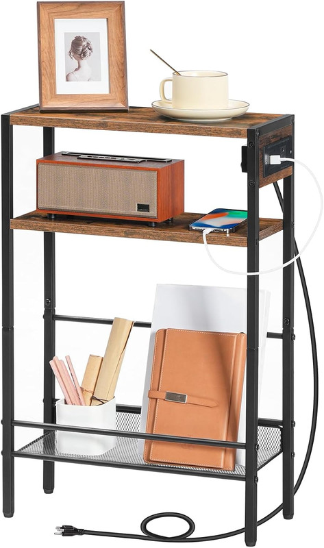 Small Narrow Side Table with Charging Station, Skinny End Table for Small Spaces gallery