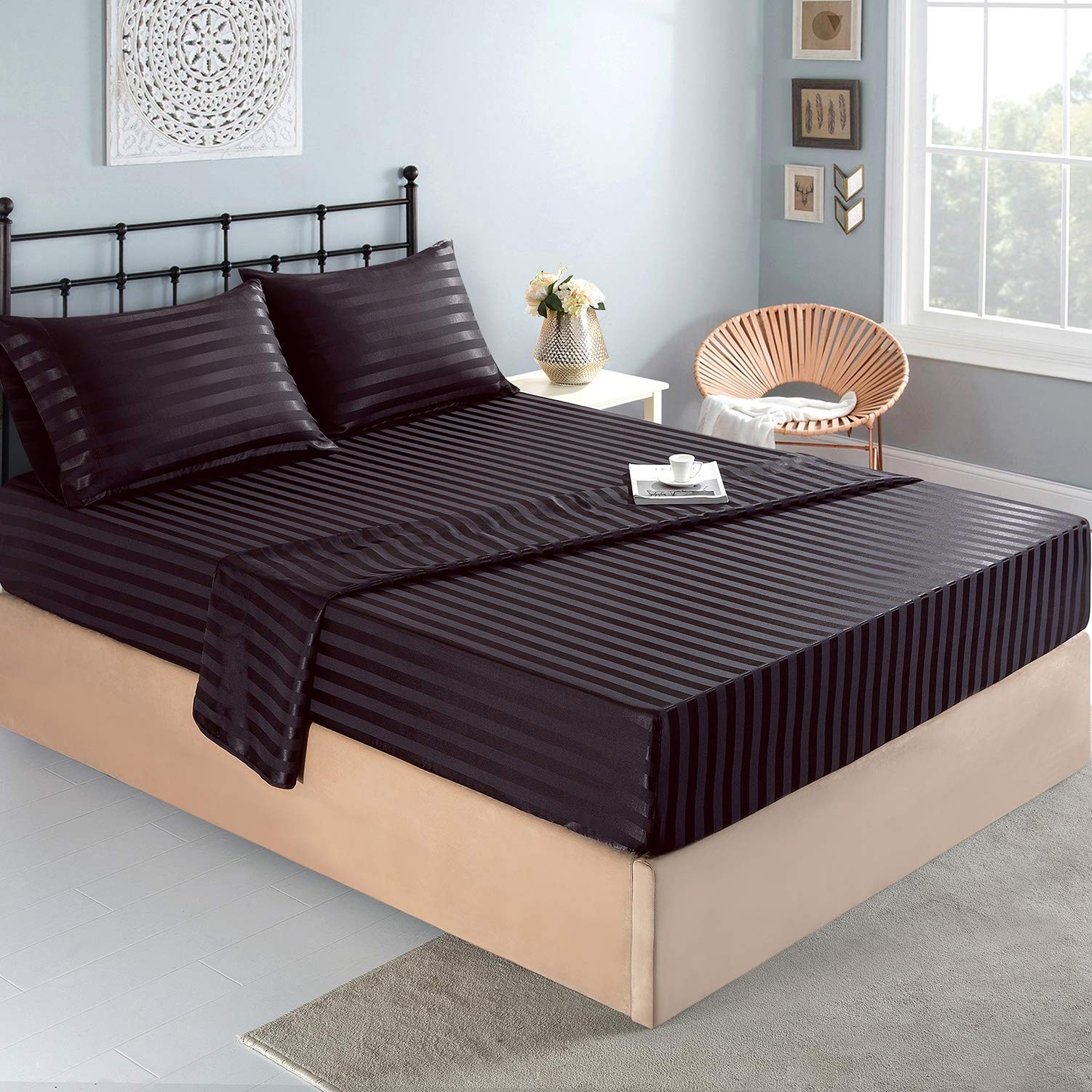 Satin-Silk Sheets California King Size Bed Set, Black Soft Cooling Deep Pocket C gallery
