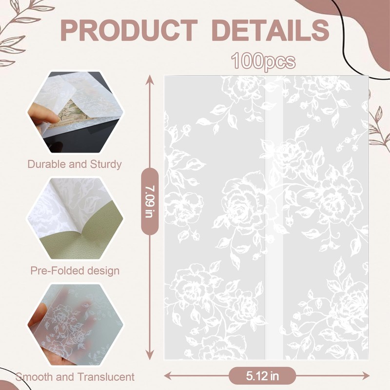 100 PCS Rose Pattern PreFolded Vellum Jackets 135GSM For 5x7 Inch Card Wrap gallery