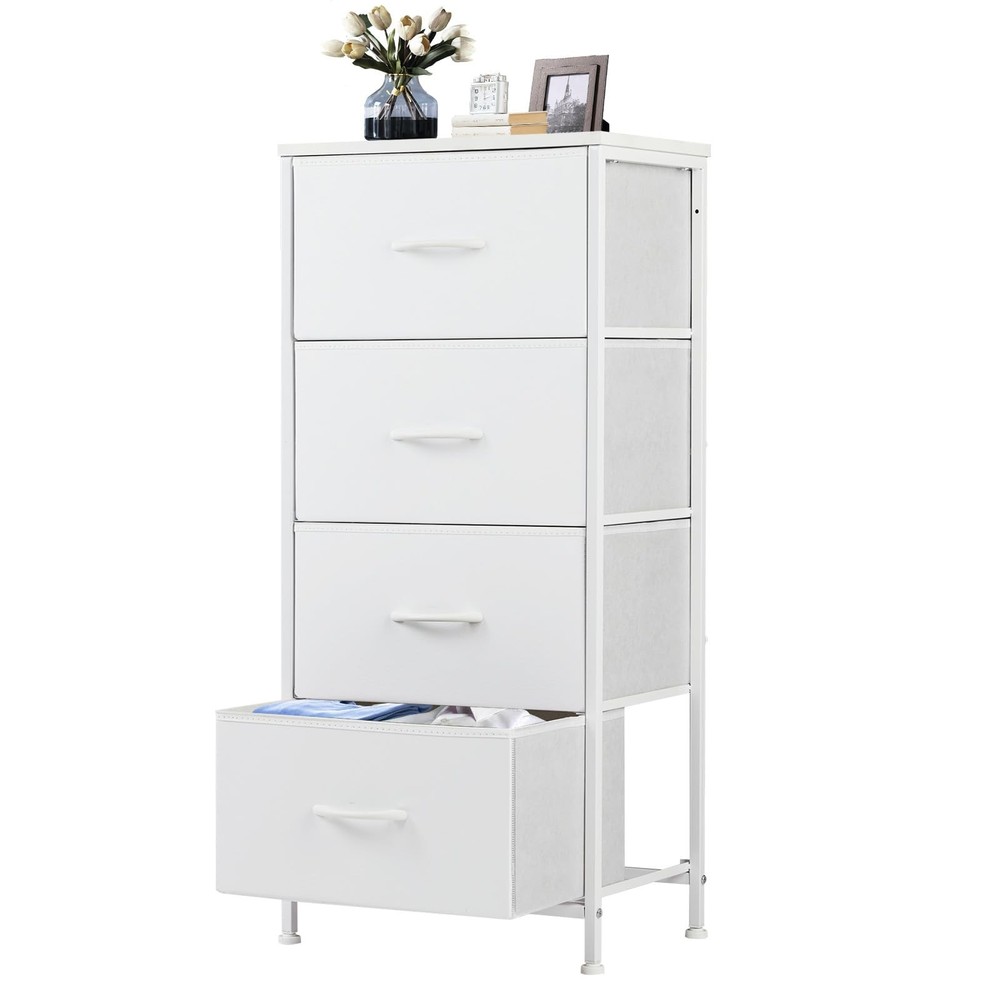 Nightstand 4 Drawer Bedside Table Fabric Bins Steel Frame White CAB-4BC DUMOS