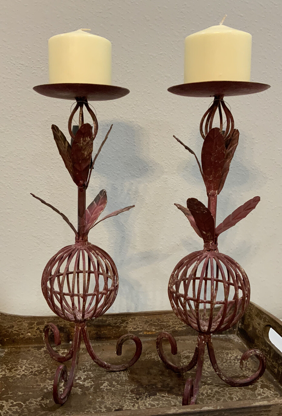 NOS Creative Co-op Red Distressed Metal Leaf Leaves Pillar Candle Holder Set 2 gallery