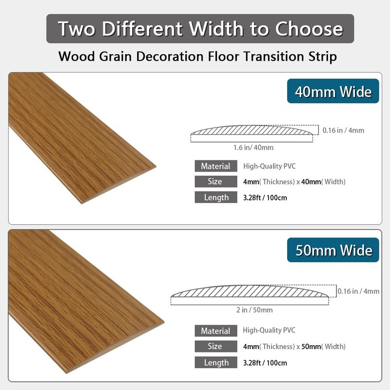 3.28 FT Flat Vinyl Floor Transition Strip 2 Inch 5cm Brown Wood Grain gallery