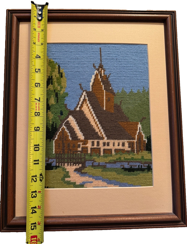 Norwegian Needlepoint Framed Embroidery Wool Norway Stave Church 12" x 15" VTG gallery