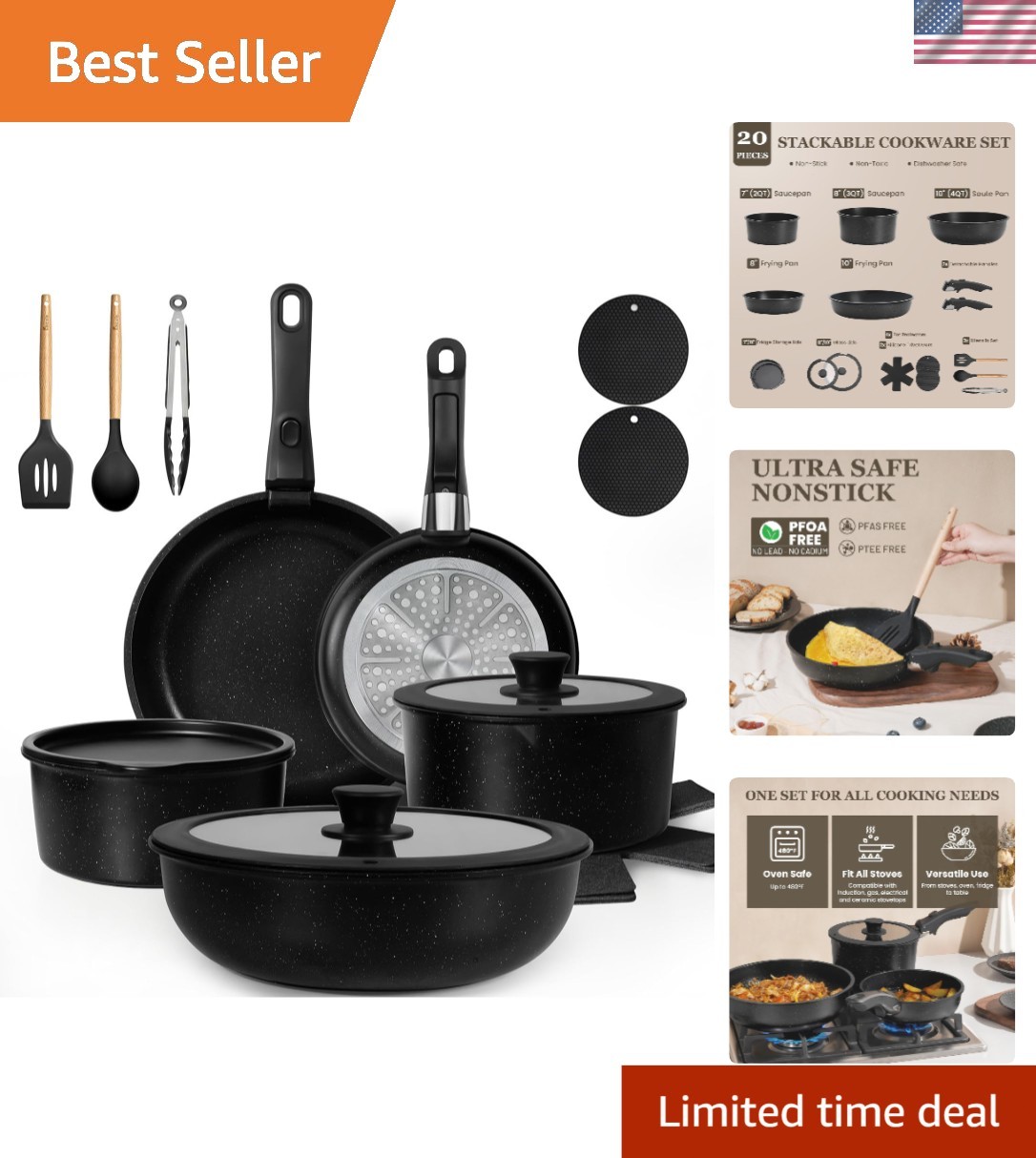 Cookware Set Non Stick Detachable Handles 20 Pieces Kitchen Pots Pans Cookware gallery
