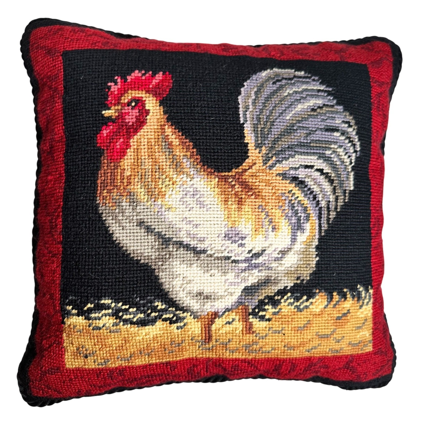 Rooster Needlepoint Pillow Country Chicken 13x13 Black Red Farmhouse Decor gallery