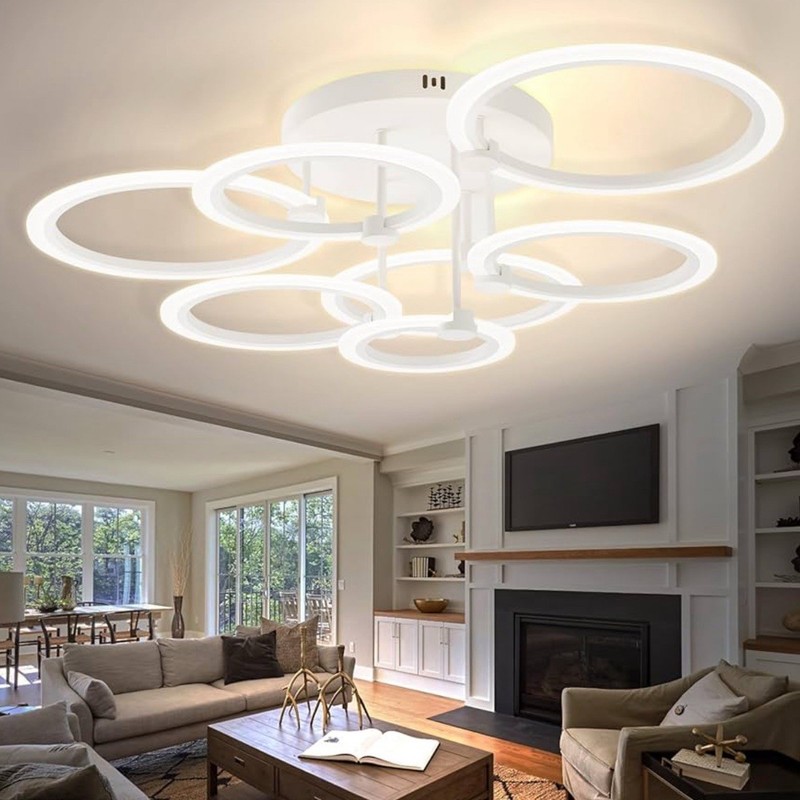 SEABLE Modern LED Ceiling Light 7 Rings Dimmable Fixture Remote 31.8” 130W Art gallery
