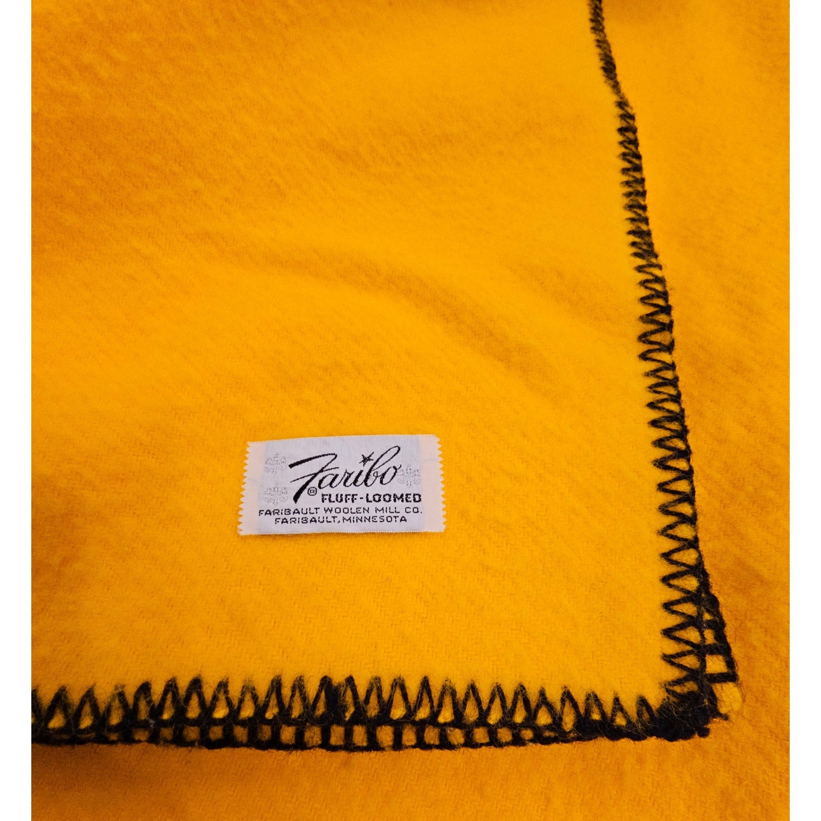 Vintage Faribo Fluff-Loomed Wool Blanket RARE Yellow Black Whipstitch 48x60 USA gallery