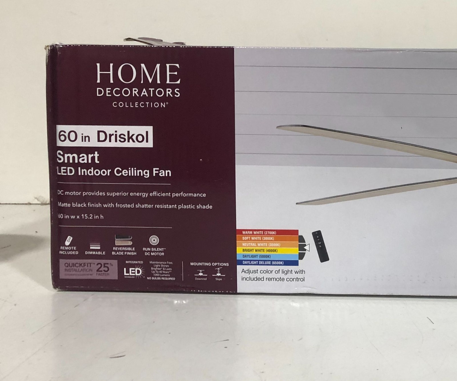 Home Decorators Driskol 60 in. LED Matte Black Smart Ceiling Fan SEALED gallery