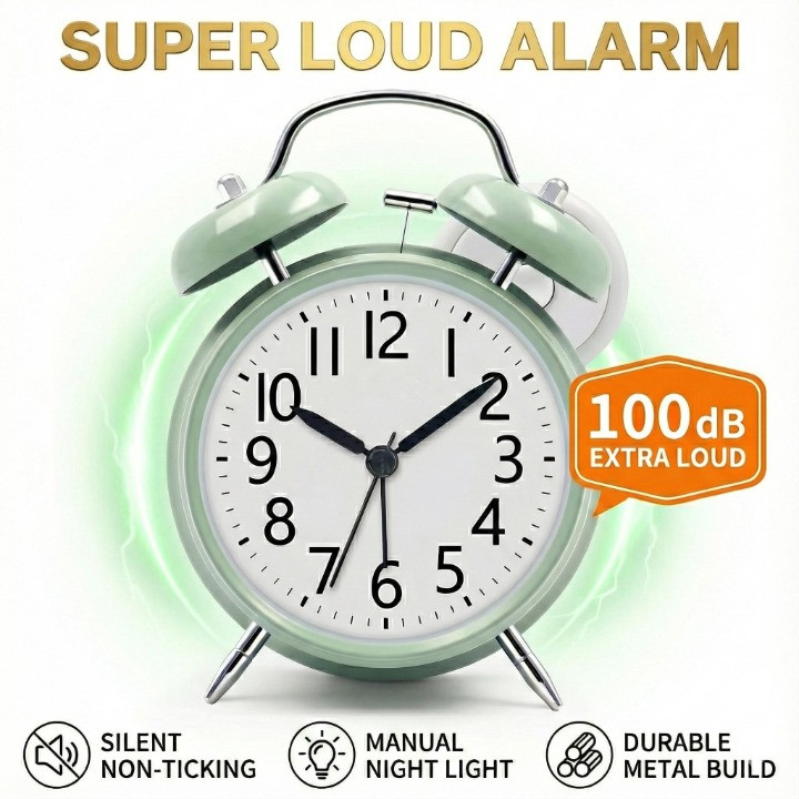 Twin Bell Alarm Clock 100dB Loud Heavy Sleepers Silent Non Ticking Retro Green gallery