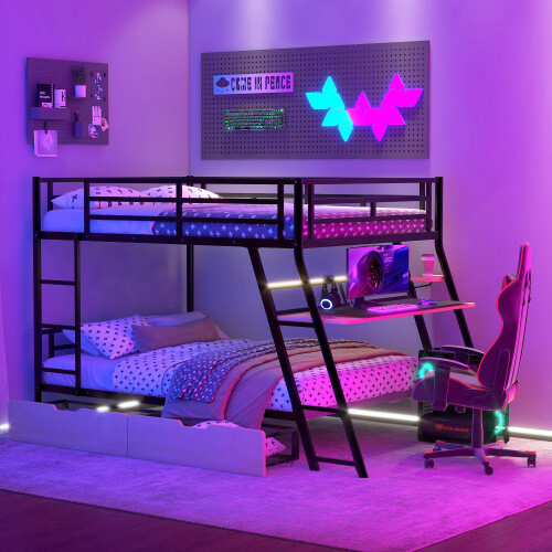 Full Size Metal Bunk Bed Frames with Built-in Desk LED Light and Storage Drawers gallery