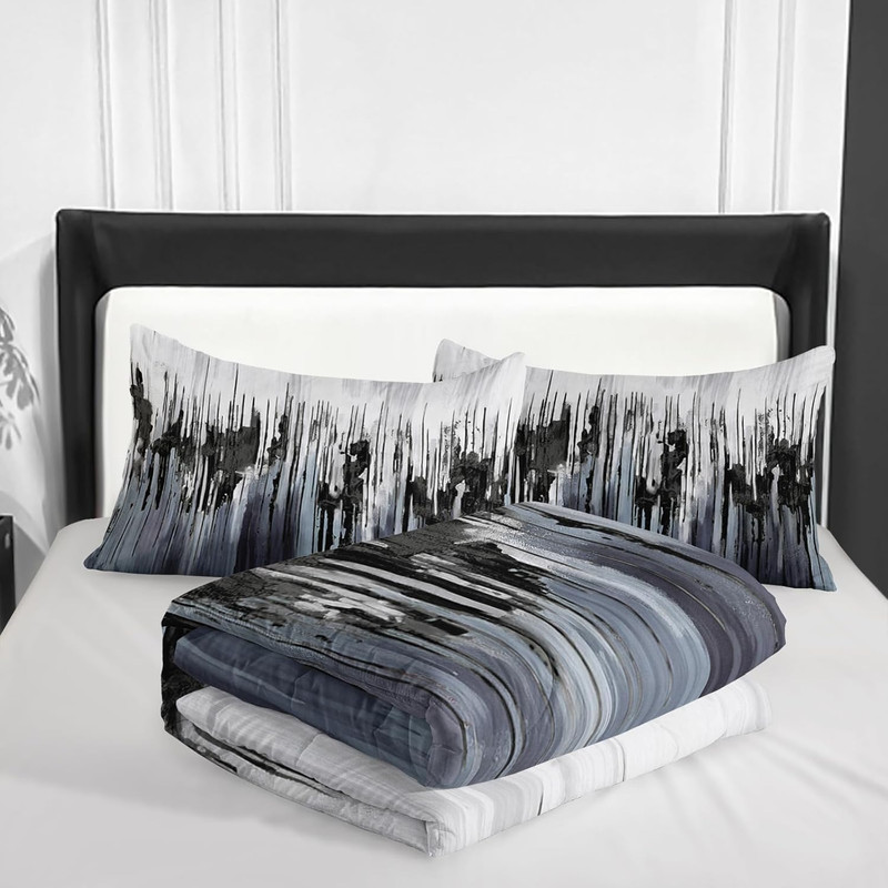 Black Grey White Gradient Print Comforter Set Full Size,Abstract Art Bedding Set gallery