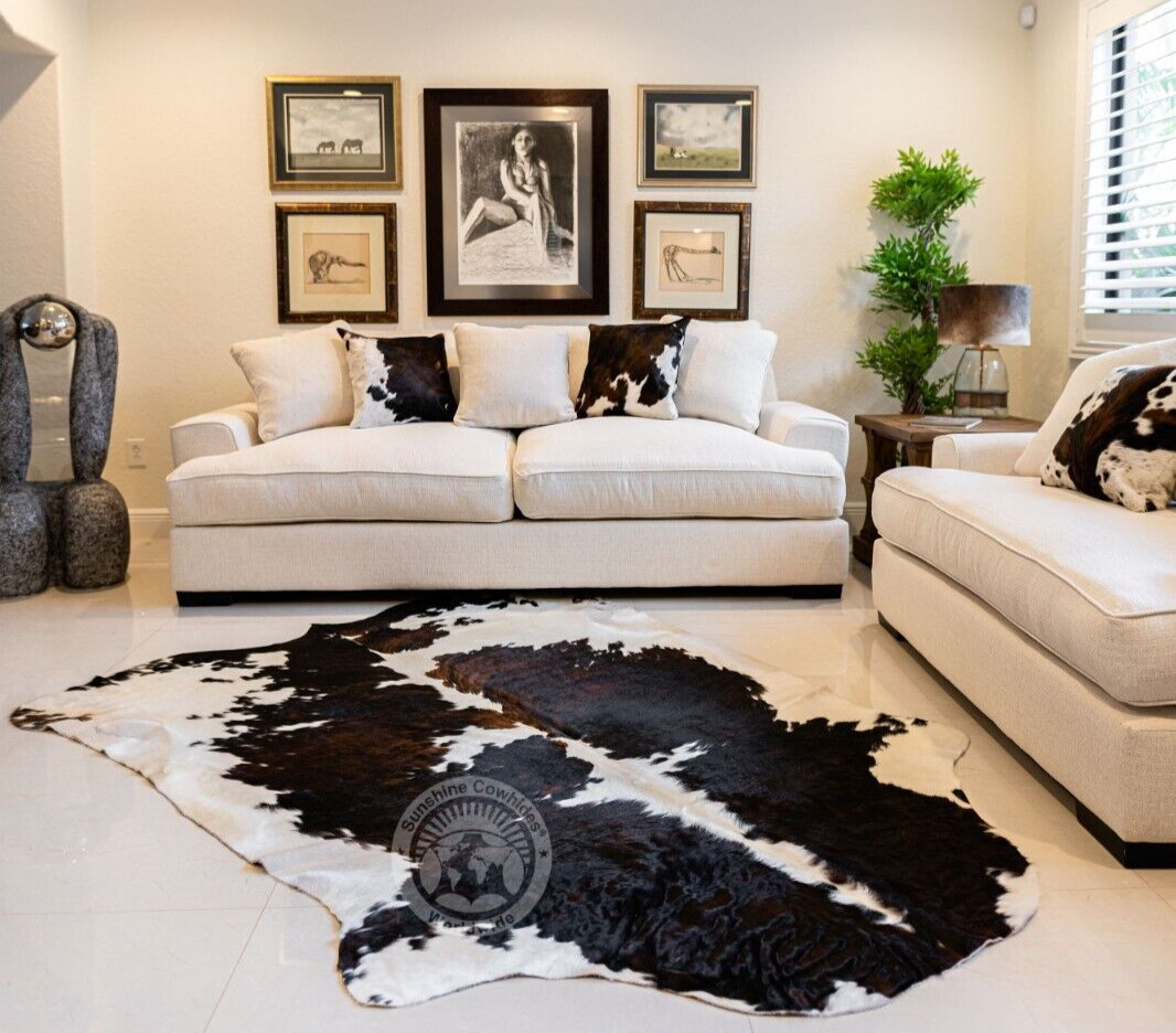 Real Cowhide Rug Tricolor White Backbone - Size 6 x 6-7’ gallery