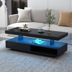 LED Coffee Table with 2 Storage Drawers and Open Shelves High-Gloss Center Table