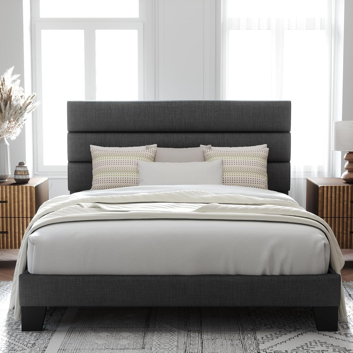 Allewie Queen Size Platform Bed Frame with Upholstered Headboard, No Box Spring gallery