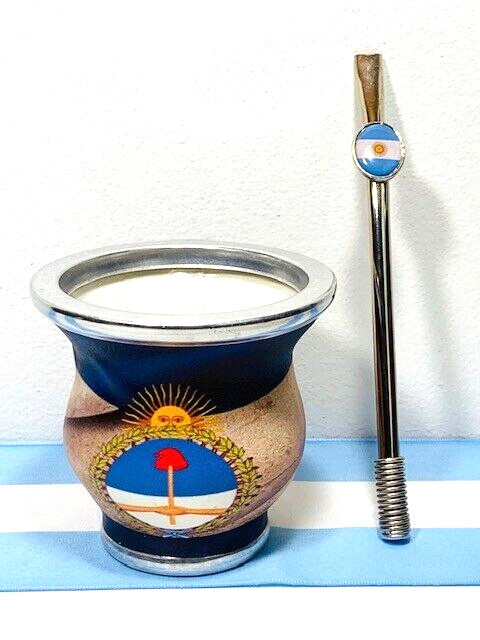 Mate cup yerba argentino - argentinian shield + bombilla straw Argentina