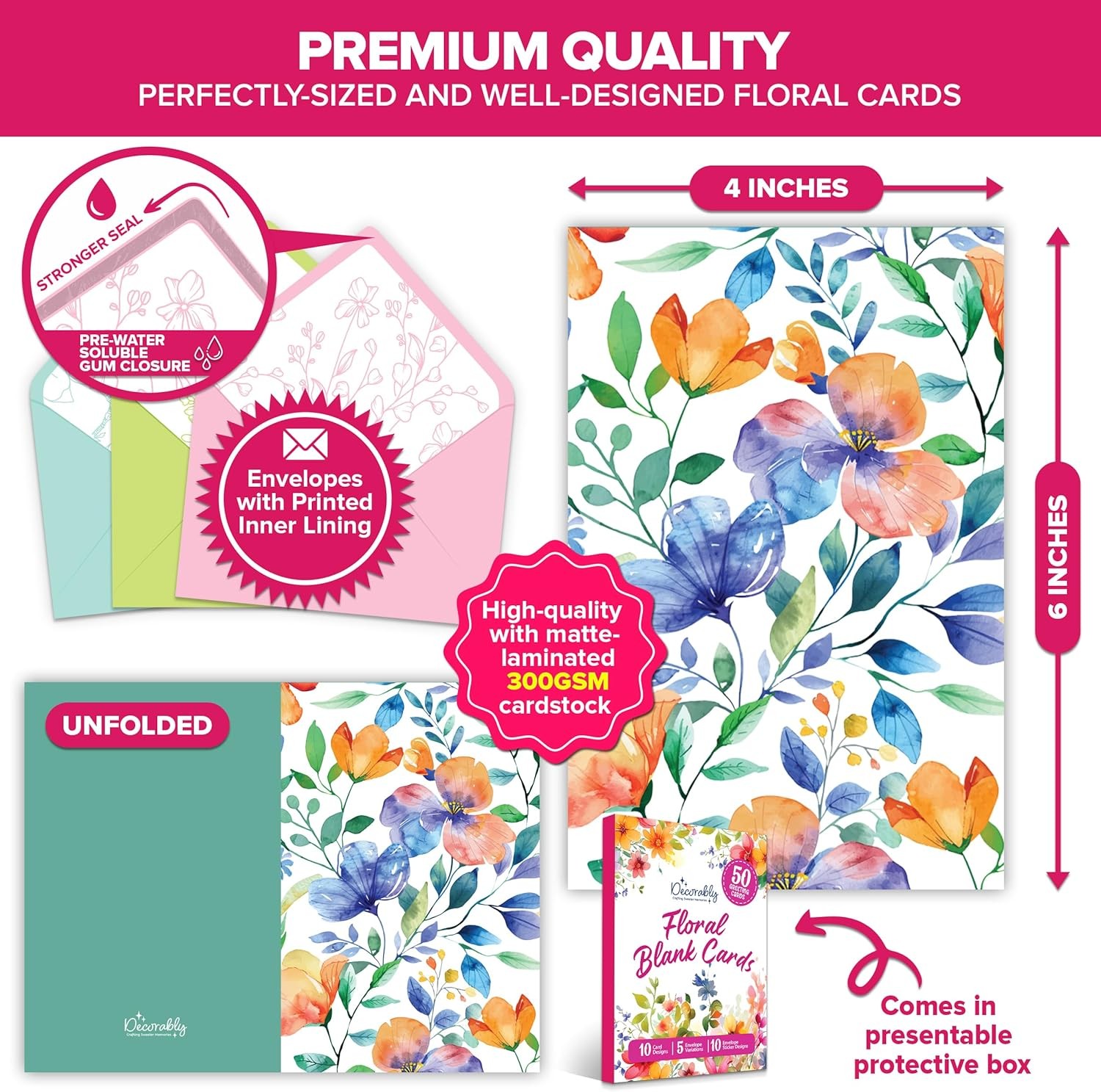 Decorably 50 Pack 6x4in Flower Note Cards 4 inches by 6 inches, Multicolored gallery