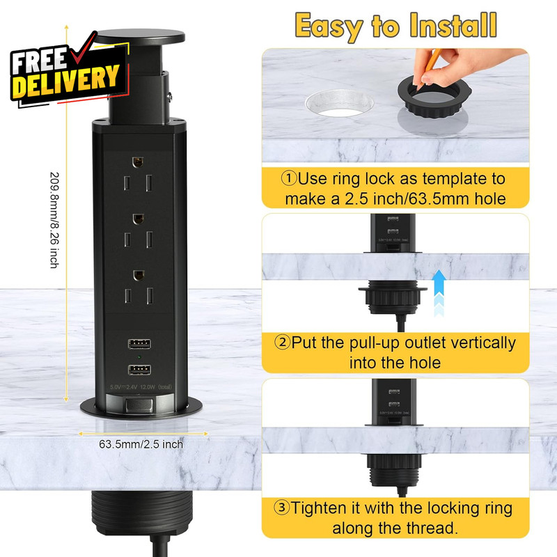 Pop up Electrical Outlet for Countertop Recessed Power Strip with 3 AC Outlet... gallery