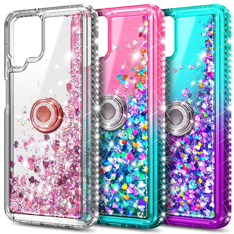For Samsung Galaxy A12 Case Bling Liquid Glitter w/ Tempered Glass & Lanyard