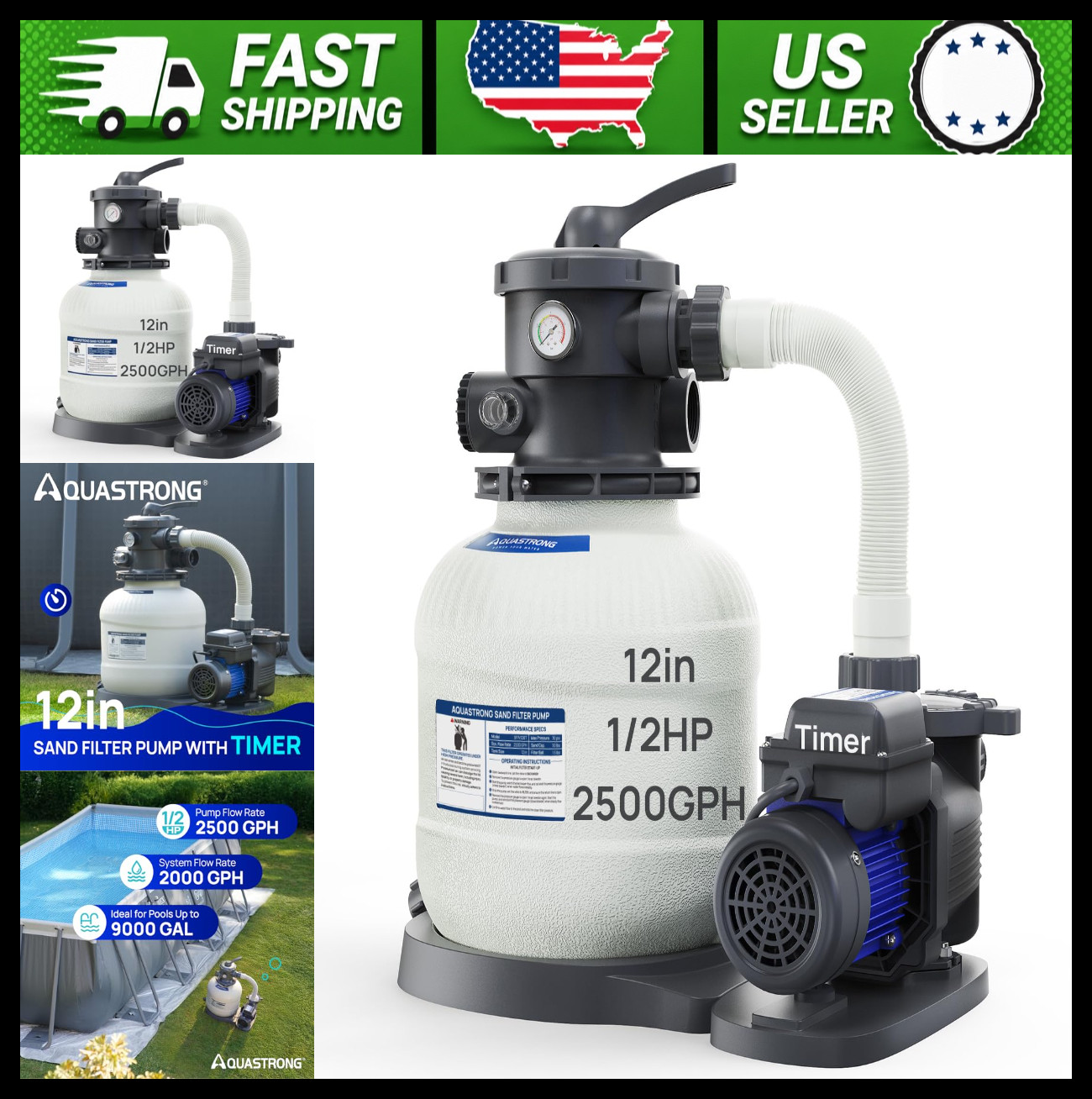 AquaStrong Above Ground Pool Sand Filter Pump 2500 GPH with Timer gallery