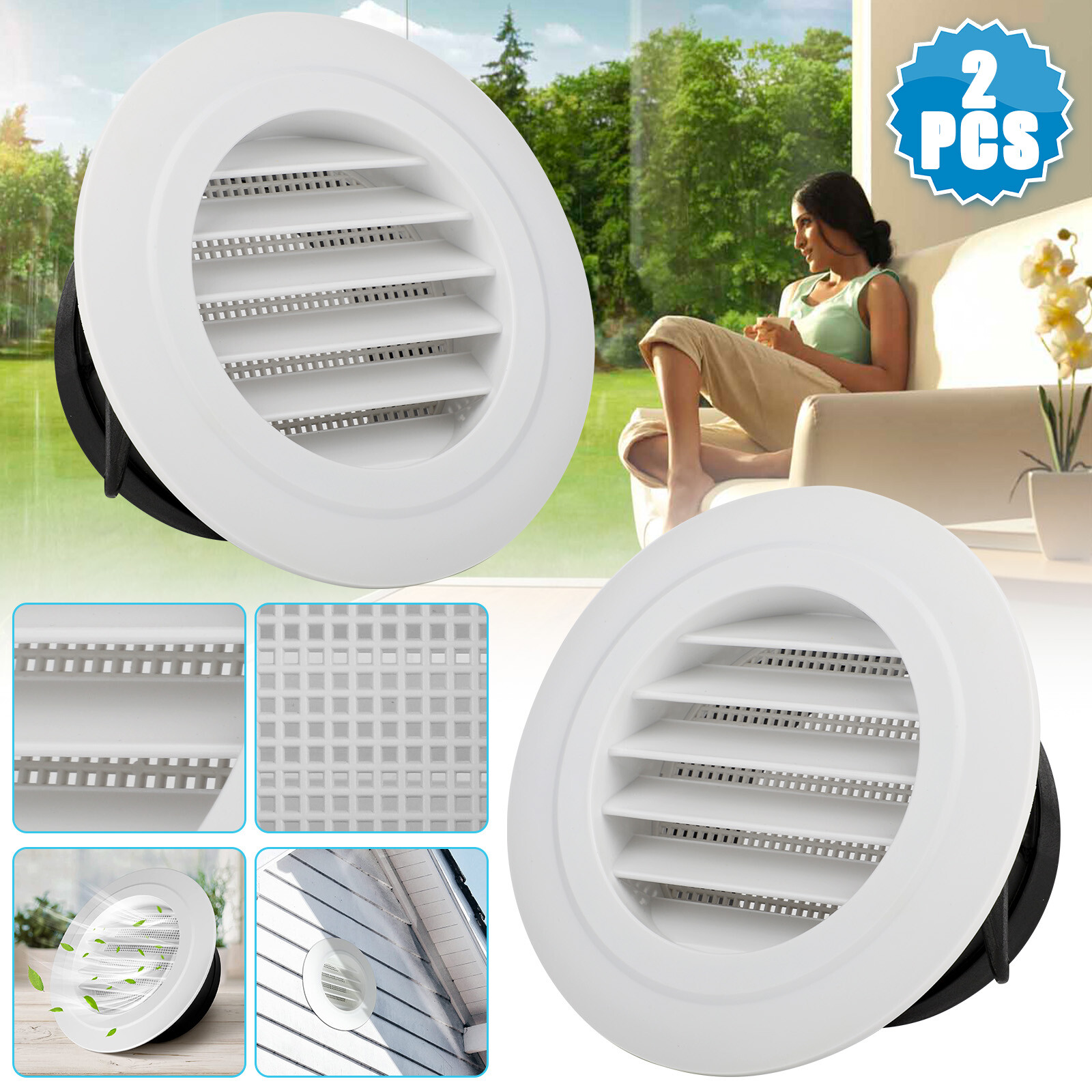 2 PCS 4 Inch Round Air Soffit Vents Oblique Louver Grille Cover with Fly Screen gallery